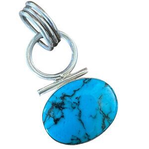 Mexican Sterling Silver Blue Turquoise Pendant Large Oval Cabochon